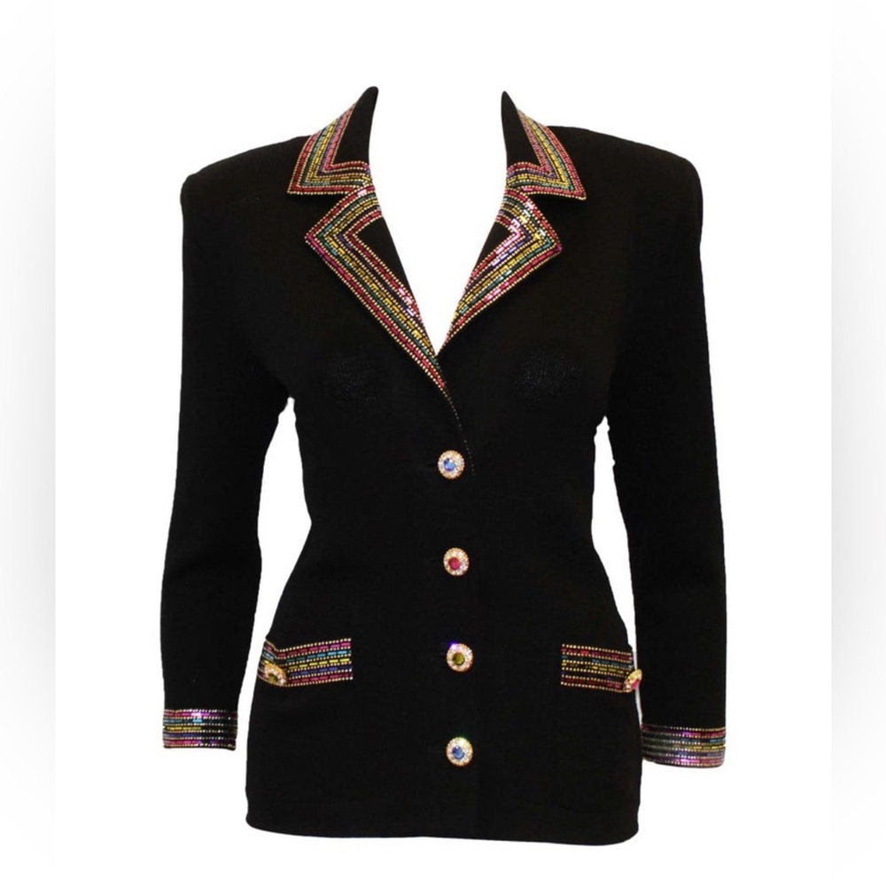 St John Evening Gorgeous Jacket black with multicolored paillettes pockets Sz 6